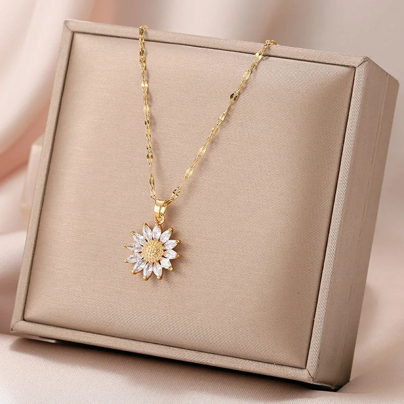 Nova moda doce sexo girassol colares de aço inoxidável para mulheres na moda 18k banhado a ouro feminino clavícula corrente jóias presente