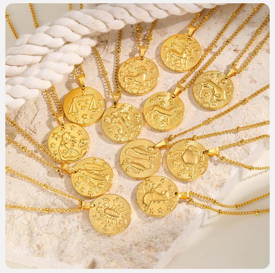 Colar com pingente de doze constelações Vnox, gargantilha feminina clássica banhada a ouro de aço inoxidável sem desbotamento, joias da moda para aniversário