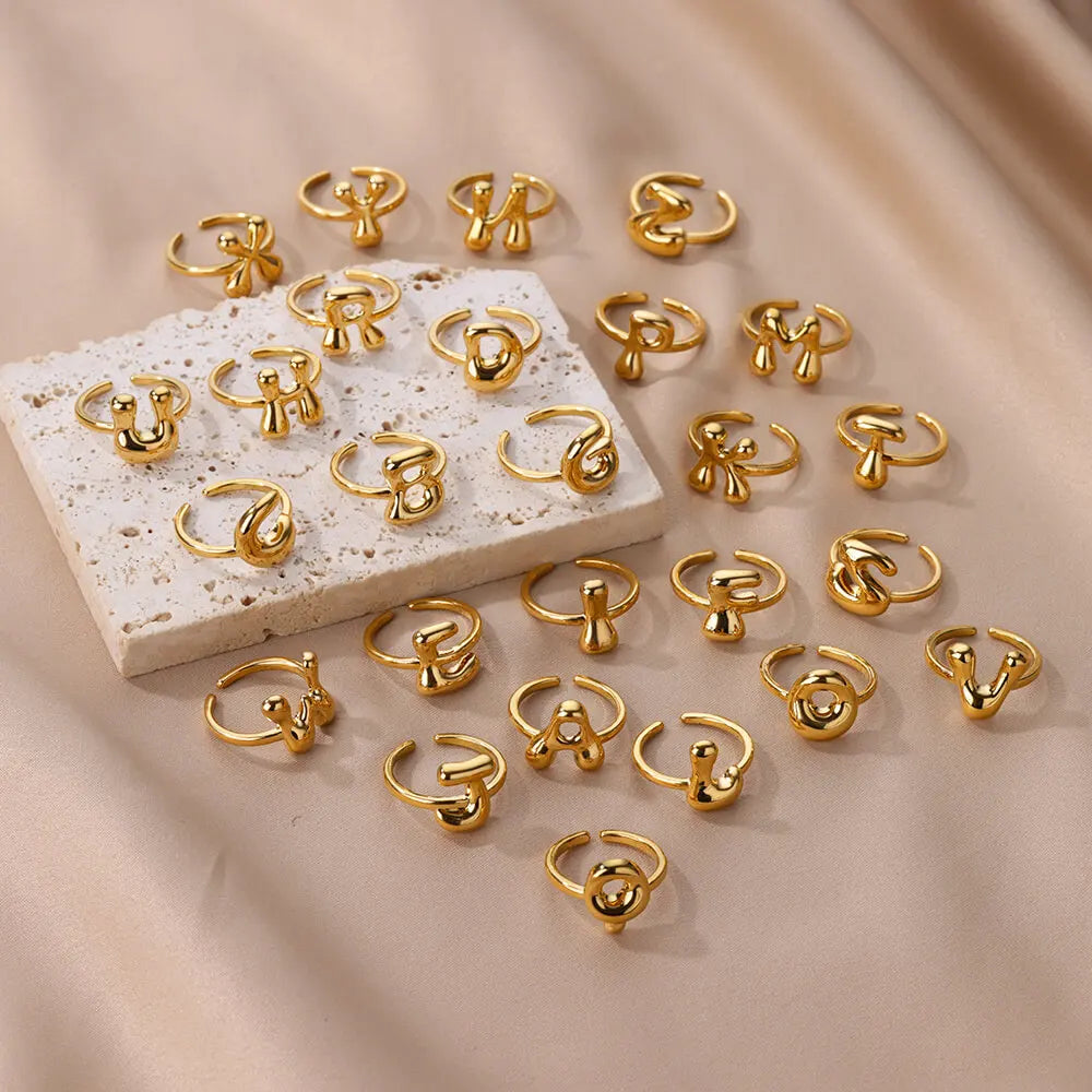 Anéis de letras iniciais grossas para mulheres cor dourada anel de aço inoxidável vintage alfabeto joias acessórios de dedo anillos mujer
