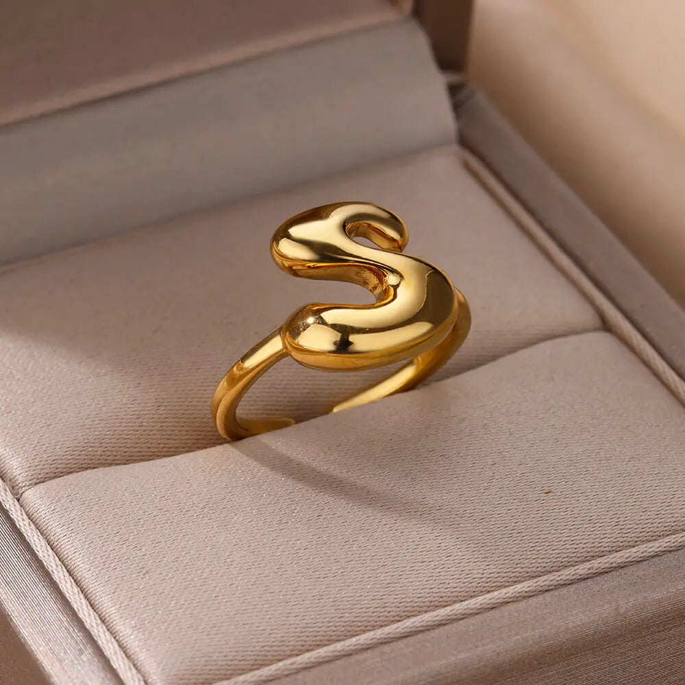 Anéis de letras iniciais grossas para mulheres cor dourada anel de aço inoxidável vintage alfabeto joias acessórios de dedo anillos mujer