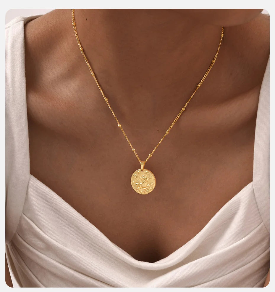 Colar com pingente de doze constelações Vnox, gargantilha feminina clássica banhada a ouro de aço inoxidável sem desbotamento, joias da moda para aniversário