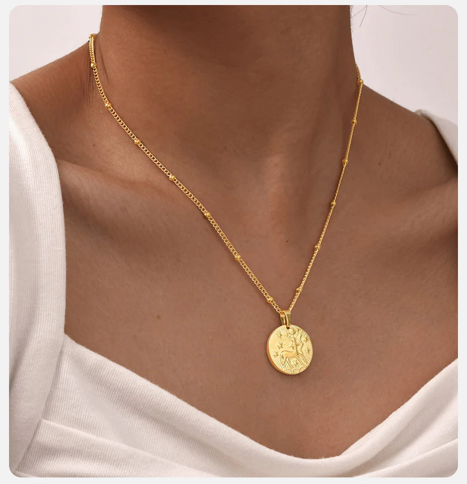 Colar com pingente de doze constelações Vnox, gargantilha feminina clássica banhada a ouro de aço inoxidável sem desbotamento, joias da moda para aniversário
