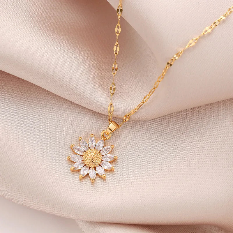 Nova moda doce sexo girassol colares de aço inoxidável para mulheres na moda 18k banhado a ouro feminino clavícula corrente jóias presente